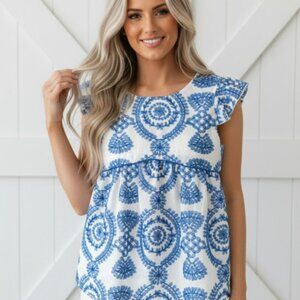 Boho Embroidered Flutter Sleeve Crew Neck Blouse